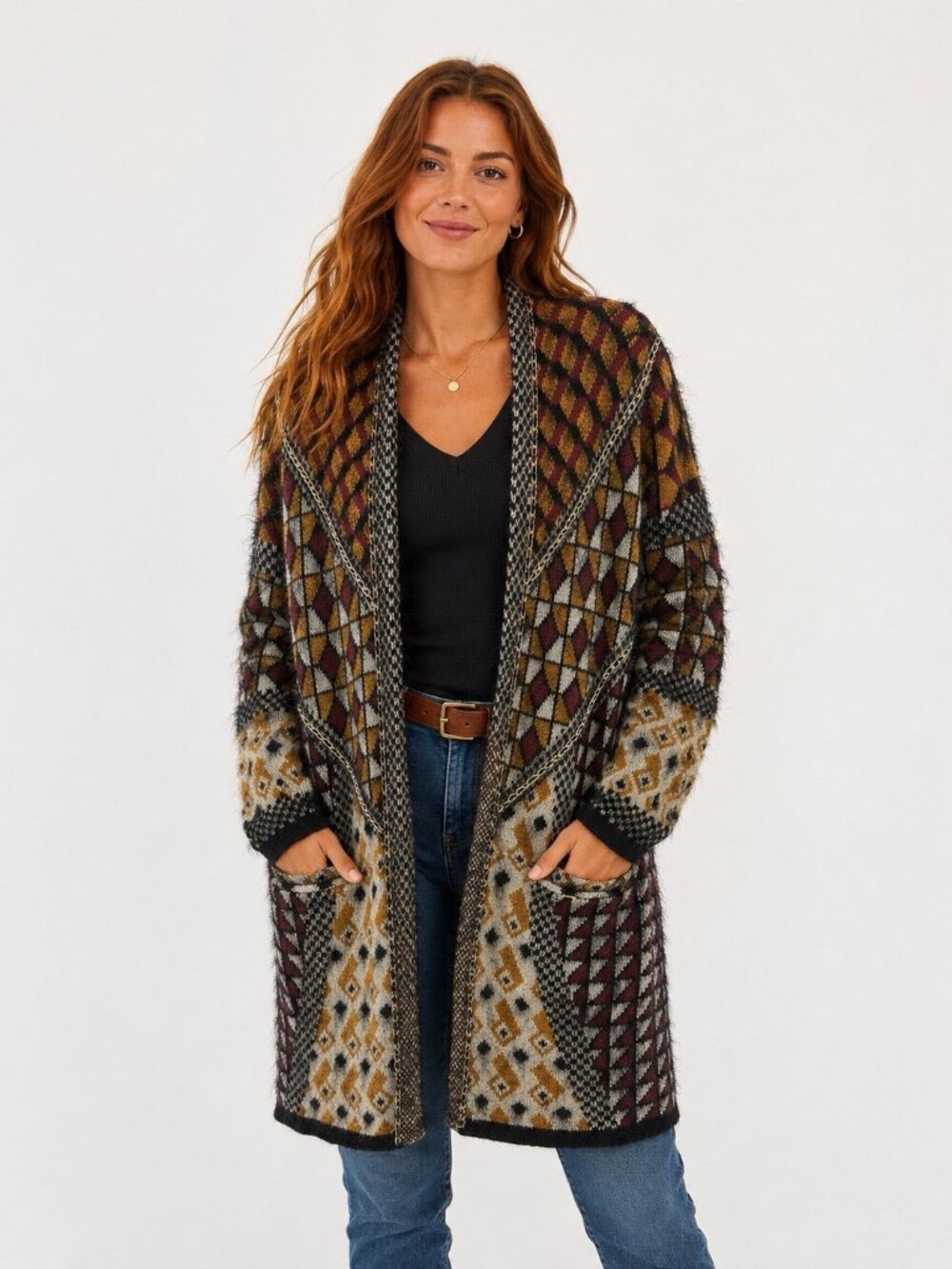 BCBG Maxsport Large Eyelash Cardigan Aztec Metal Chain Accent Brown & Black EUC